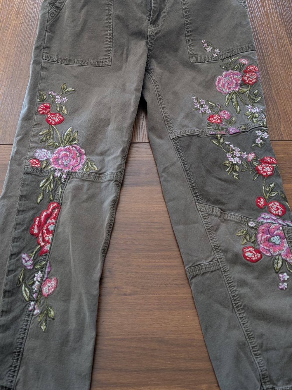 Anthropologie Olive Straight-Leg Pants with Pink & Red Floral Embroidery